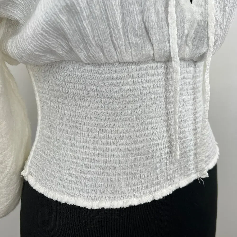 FREE PEOPLE Ivory Billie Cascade Ruffle 3/4 Puff Sleeve Smocked Sweater Top Sz S